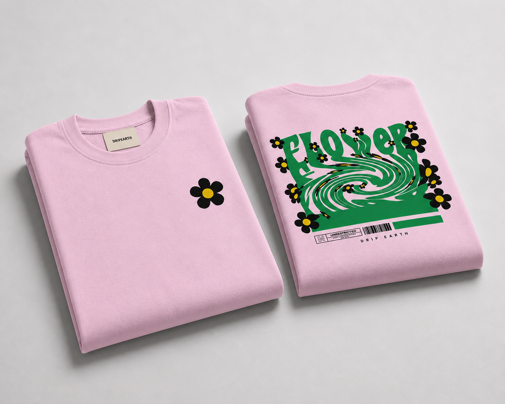 Light-Baby-Pink Drip Earth oversized heavyweight t-shirt with FLOW STATE graphic - folded front and back view