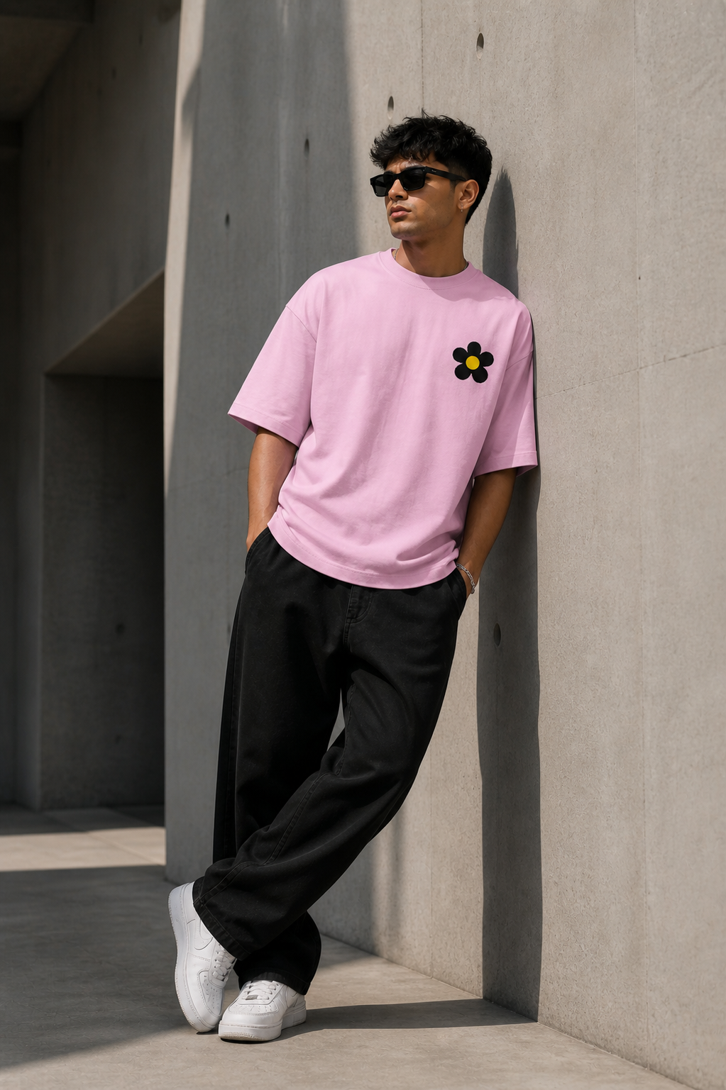 Light-Baby-Pink Drip Earth oversized heavyweight t-shirt with FLOW STATE graphic - lifestyle streetwear shot