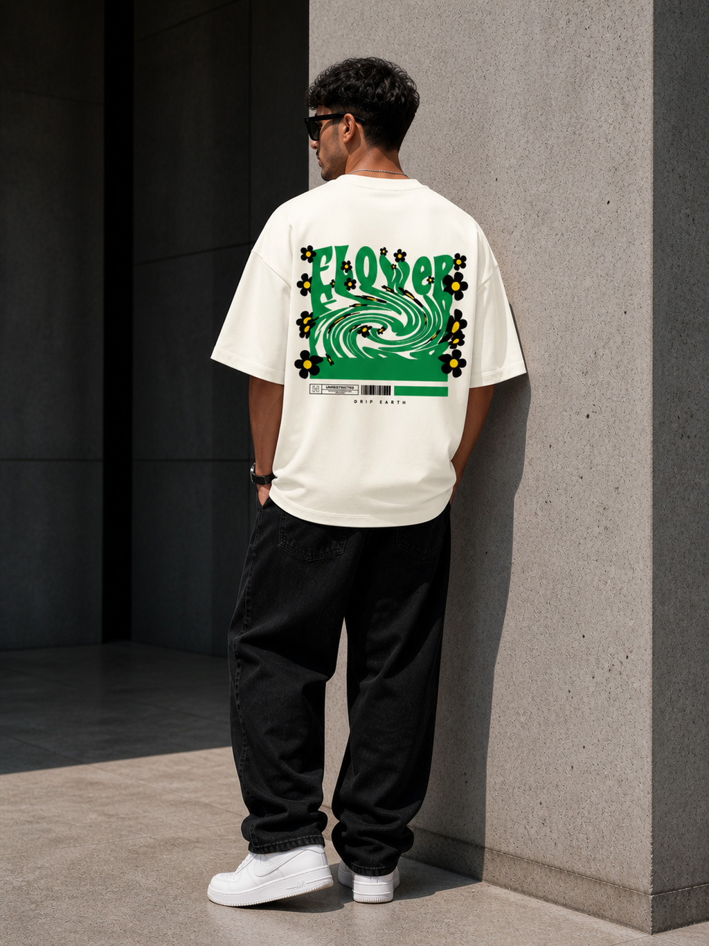 Off-White Drip Earth oversized heavyweight t-shirt with FLOW STATE back graphic - rear model view