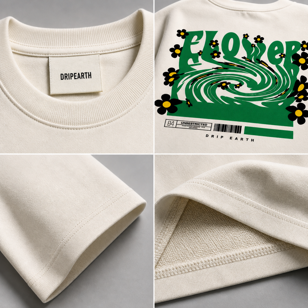 Off-White Drip Earth oversized heavyweight t-shirt detail collage showing collar, print and fabric close-ups