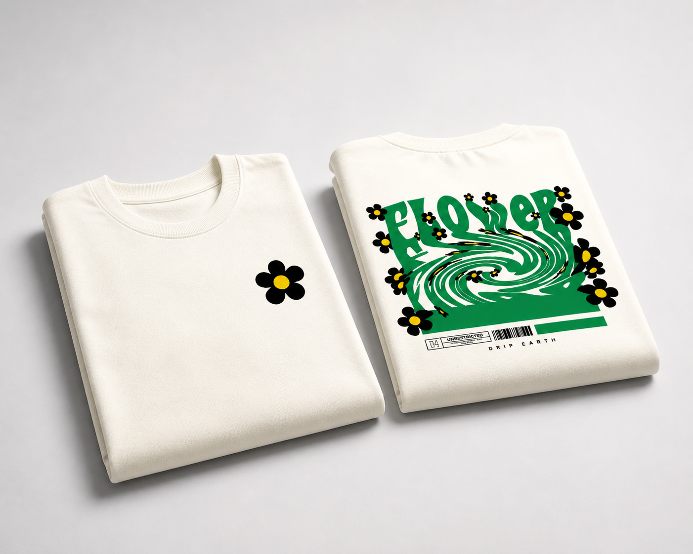 Off-White Drip Earth oversized heavyweight t-shirt with FLOW STATE graphic - folded front and back view