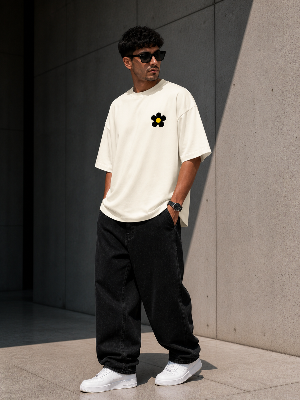 Off-White Drip Earth oversized heavyweight t-shirt with FLOW STATE graphic - lifestyle streetwear shot