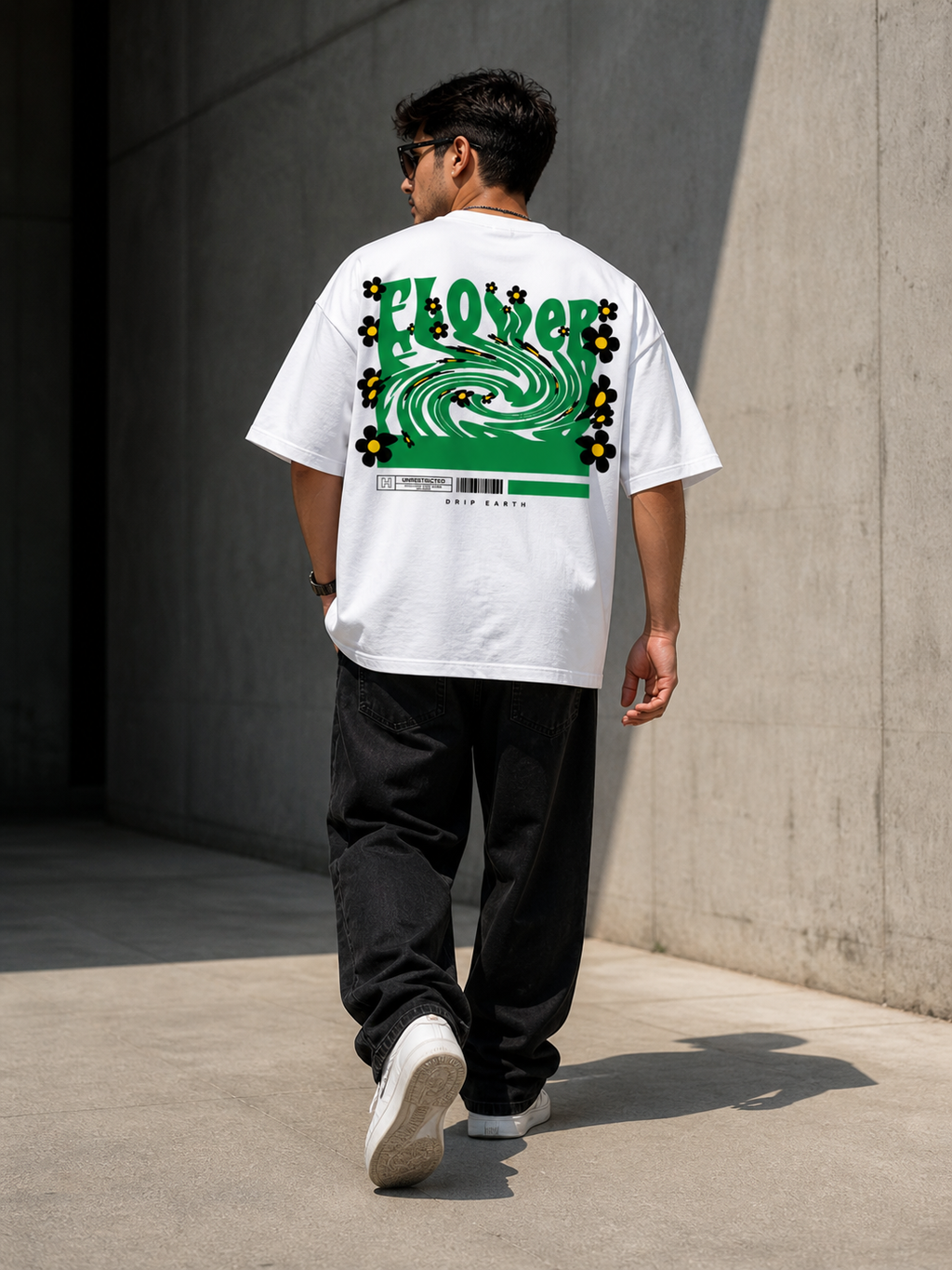 White Drip Earth oversized heavyweight t-shirt with FLOW STATE back graphic - rear model view