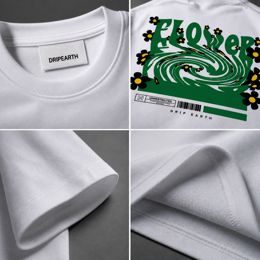 White Drip Earth oversized heavyweight t-shirt detail collage showing collar, print and fabric close-ups