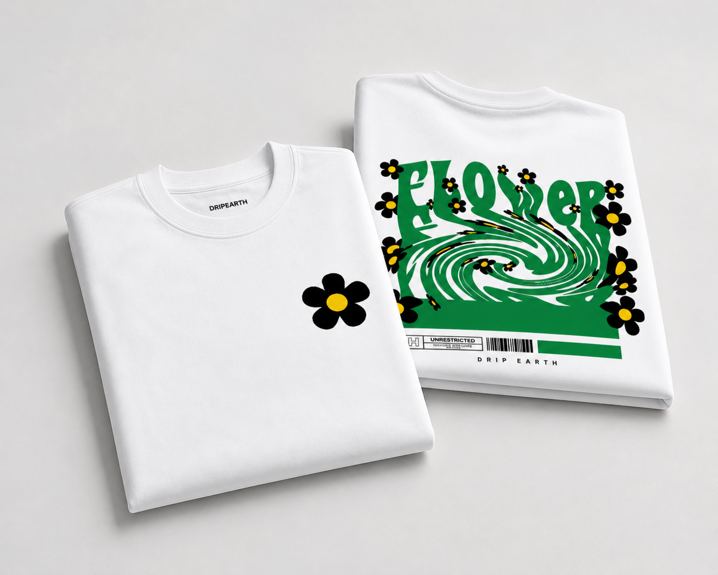 White Drip Earth oversized heavyweight t-shirt with FLOW STATE graphic - folded front and back view