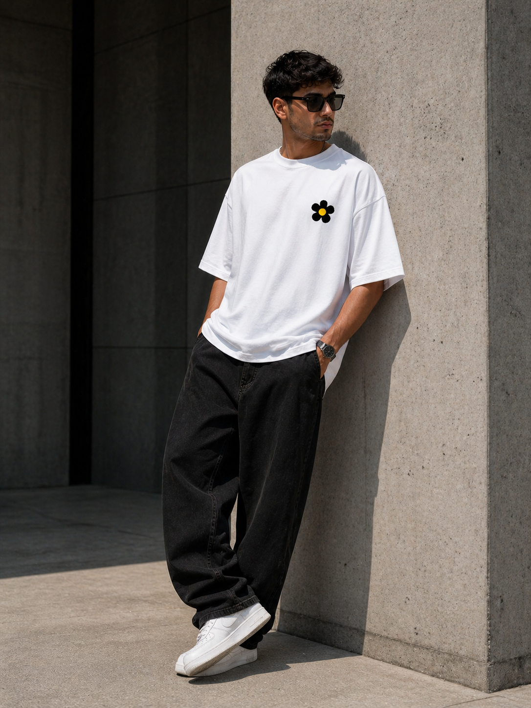 White Drip Earth oversized heavyweight t-shirt with FLOW STATE graphic - lifestyle streetwear shot