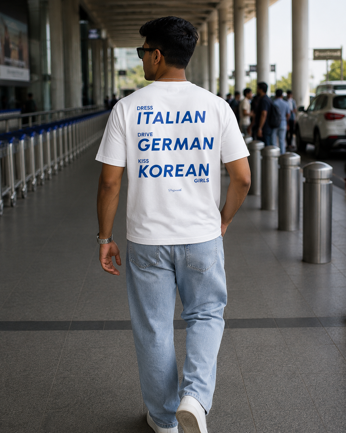 White Drip Earth premium cotton stretch t-shirt with GLOBAL CODE back graphic - rear model view