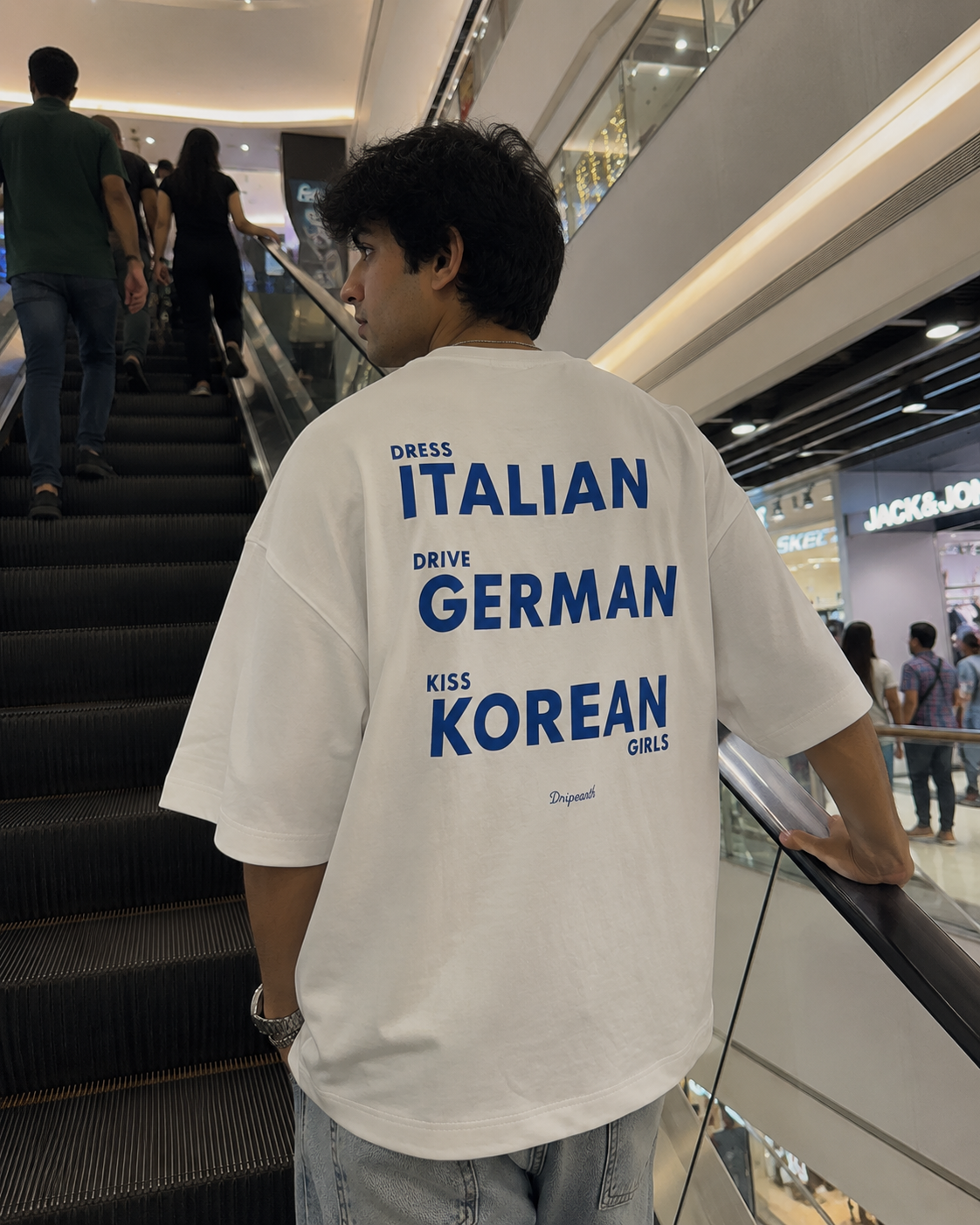 White Drip Earth oversized heavyweight t-shirt with GLOBAL CODE back graphic - rear model view