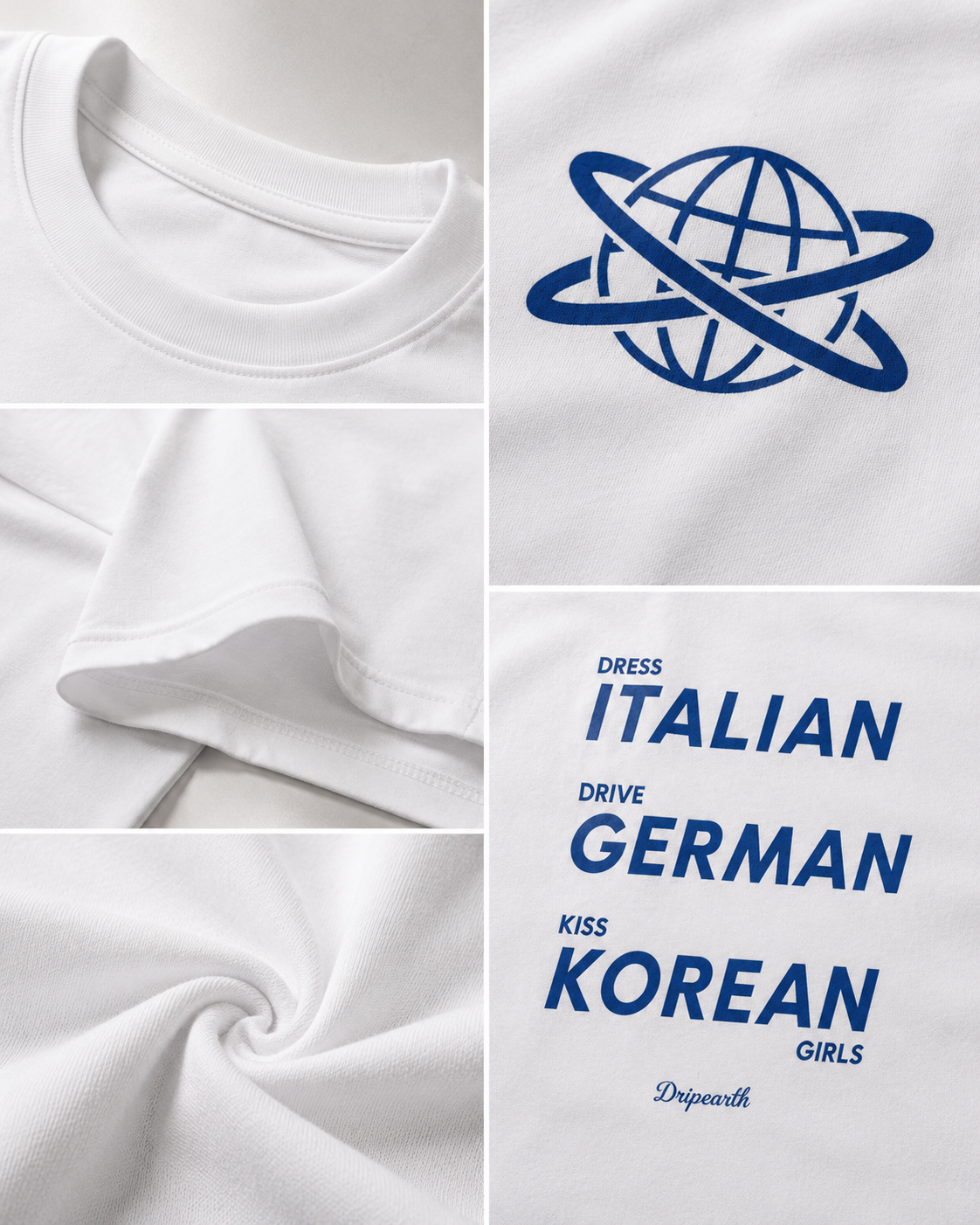 White Drip Earth female baby tee detail collage showing collar, print and fabric close-ups