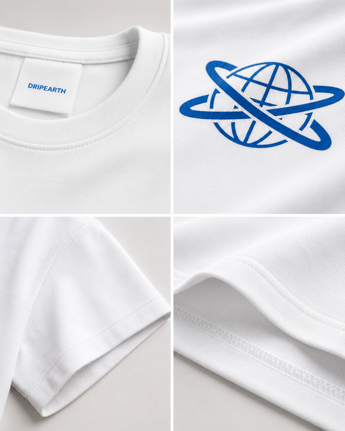 White Drip Earth premium cotton stretch t-shirt detail collage showing collar, print and fabric close-ups