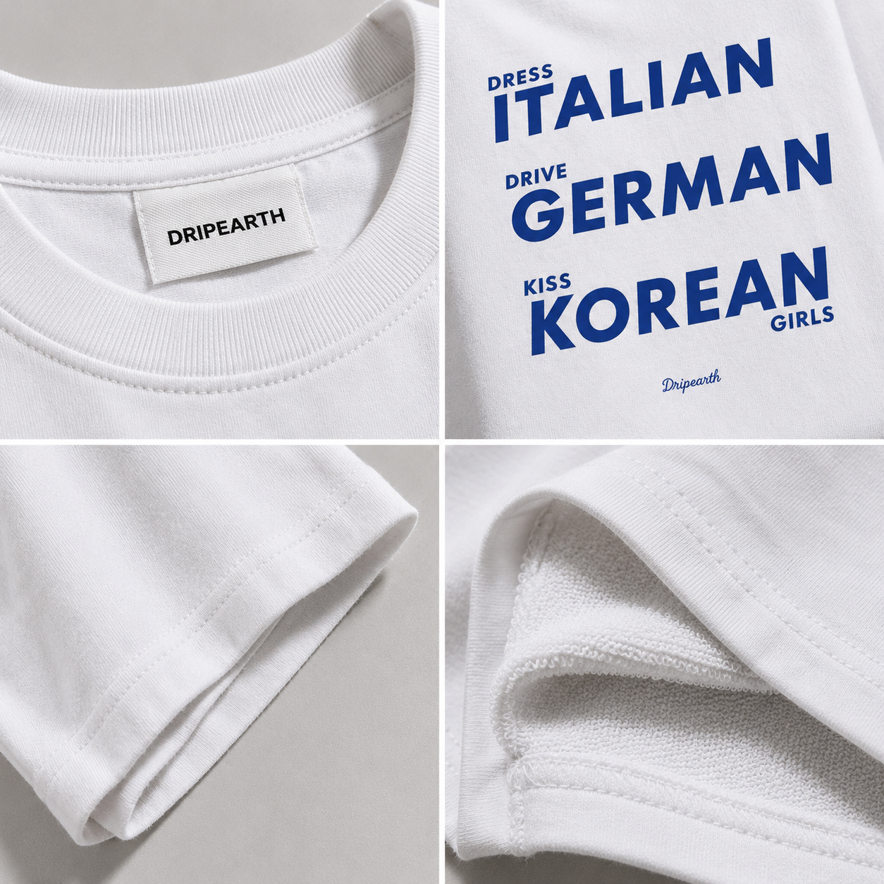White Drip Earth oversized heavyweight t-shirt detail collage showing collar, print and fabric close-ups