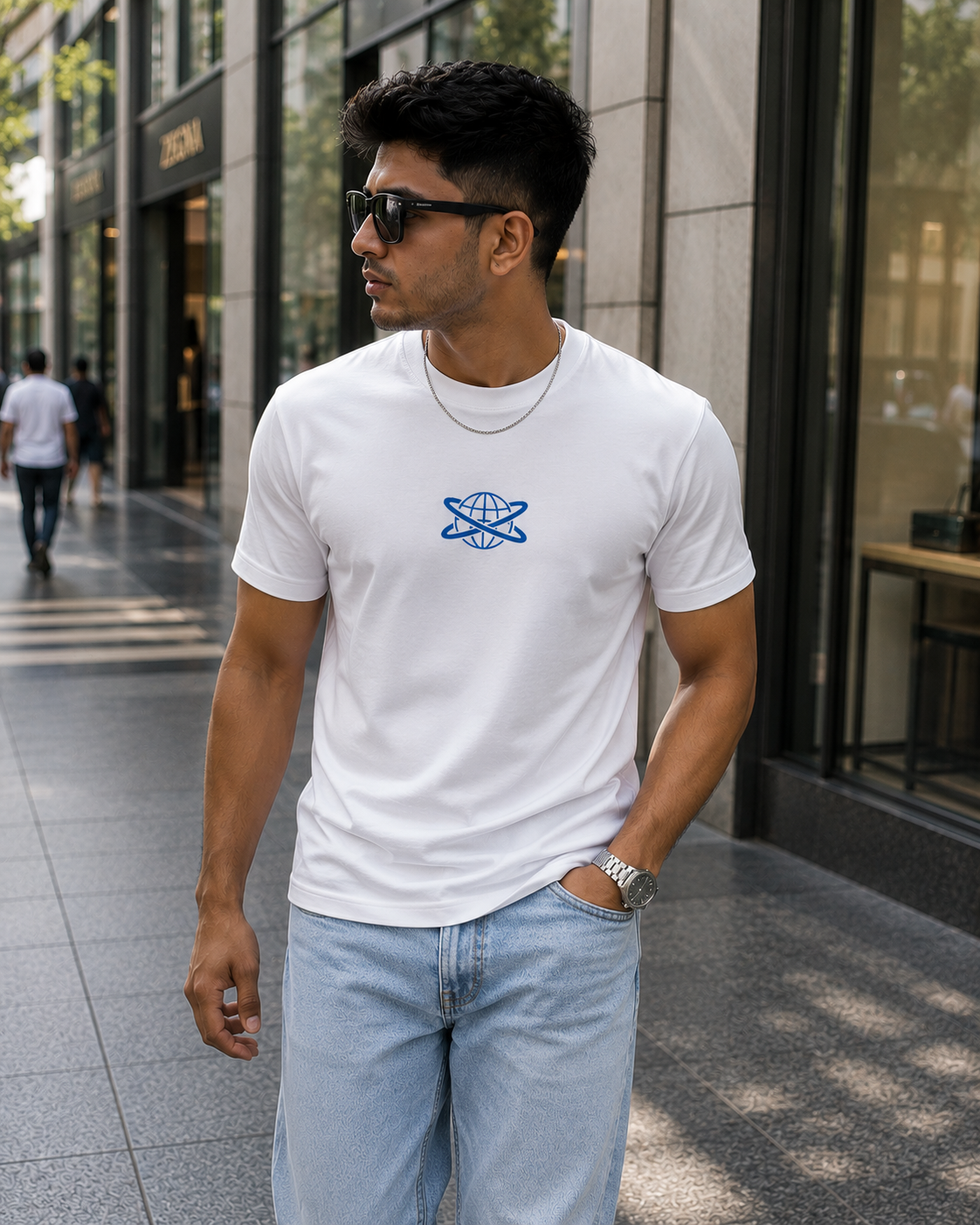 White Drip Earth premium cotton stretch t-shirt - front model view
