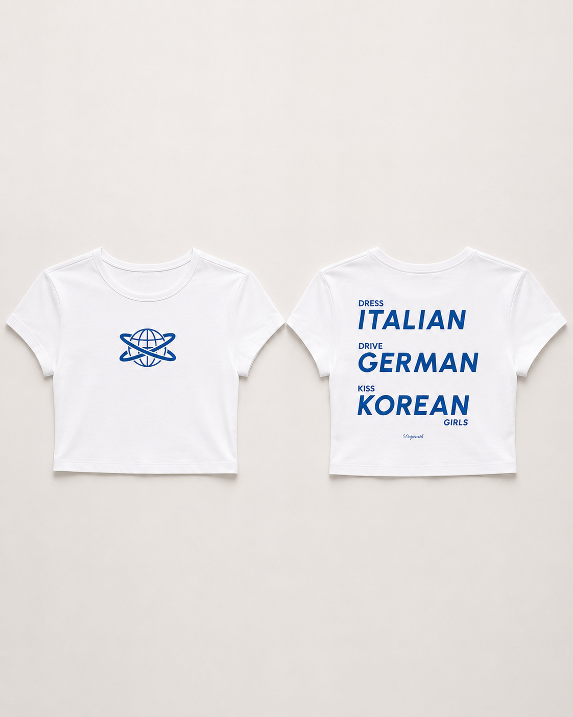 White Drip Earth female baby tee with GLOBAL CODE graphic - folded front and back view