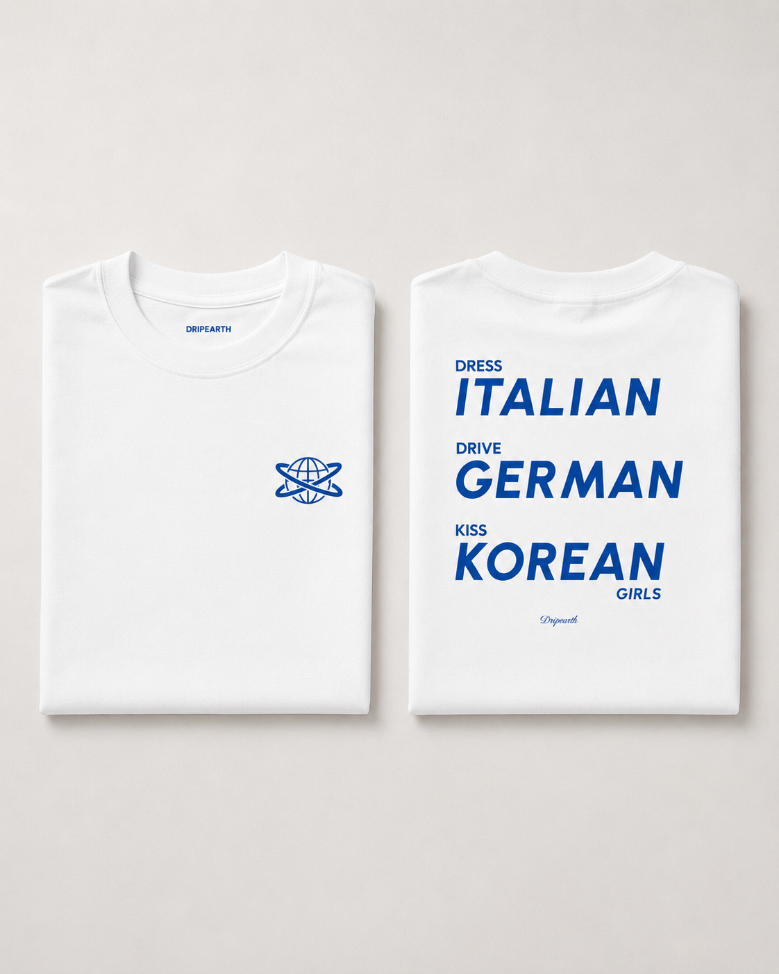 White Drip Earth premium cotton stretch t-shirt with GLOBAL CODE graphic - folded front and back view
