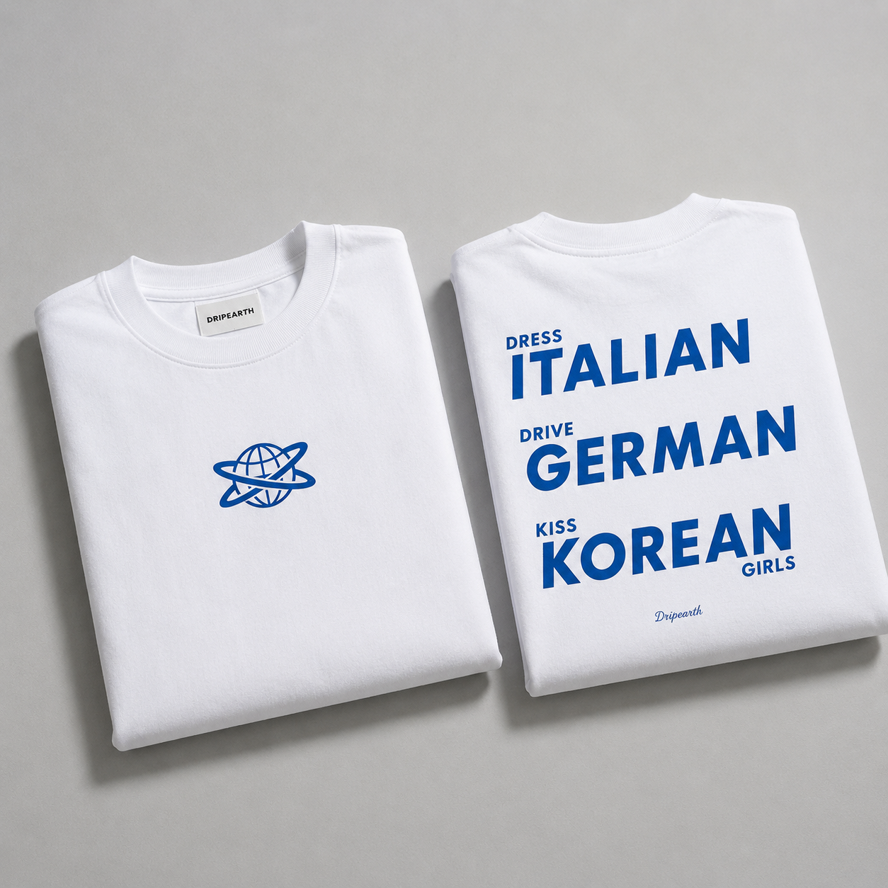 White Drip Earth oversized heavyweight t-shirt with GLOBAL CODE graphic - folded front and back view