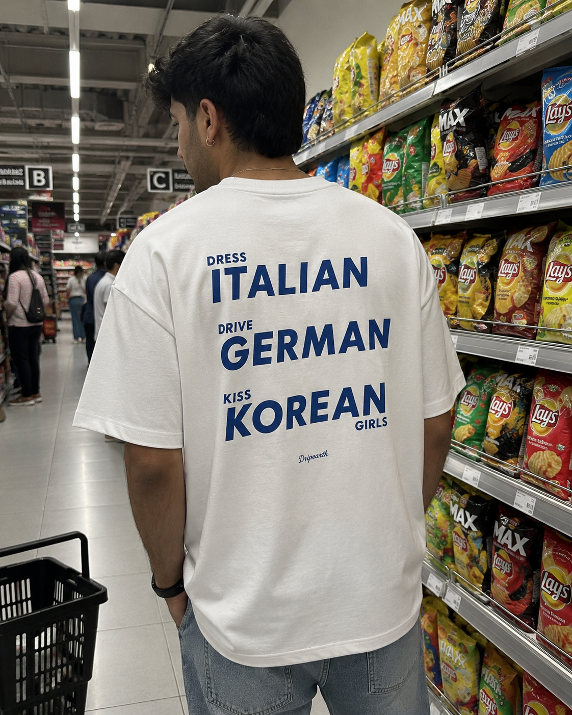 White Drip Earth oversized heavyweight t-shirt with GLOBAL CODE graphic - lifestyle streetwear shot