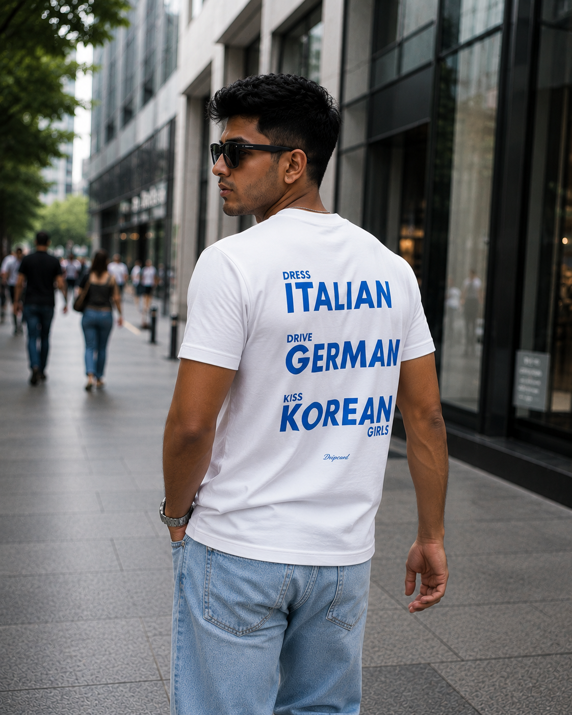 White Drip Earth premium cotton stretch t-shirt with GLOBAL CODE graphic - lifestyle streetwear shot