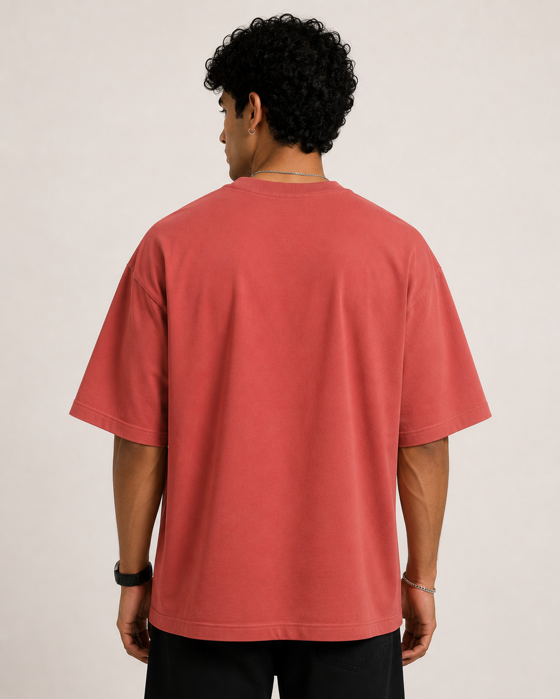Coral Drip Earth oversized t-shirt - rear model studio view with clean silhouette