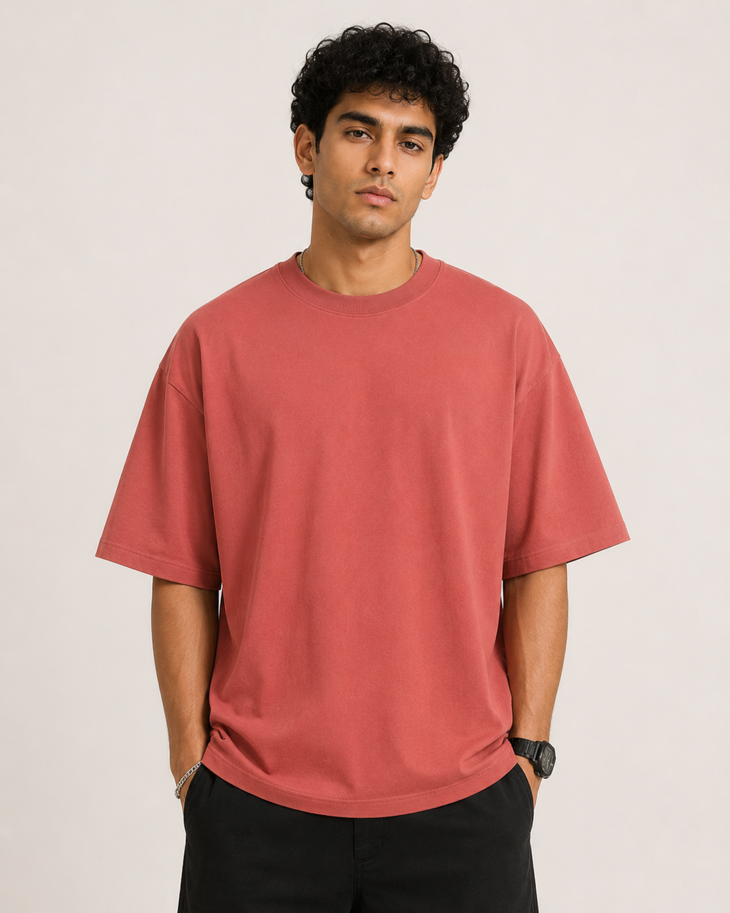 Coral Drip Earth oversized t-shirt - front model studio view with premium fit