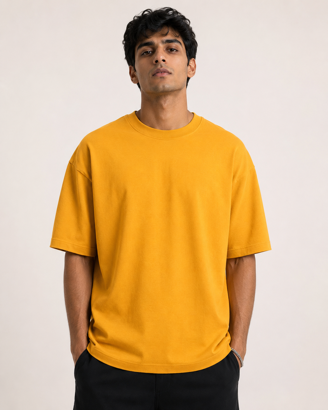 Golden-Yellow Drip Earth oversized t-shirt - front model studio view with premium fit