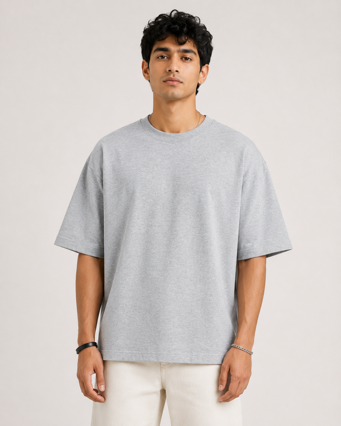 Grey-Melange Drip Earth oversized t-shirt - front model studio view with premium fit