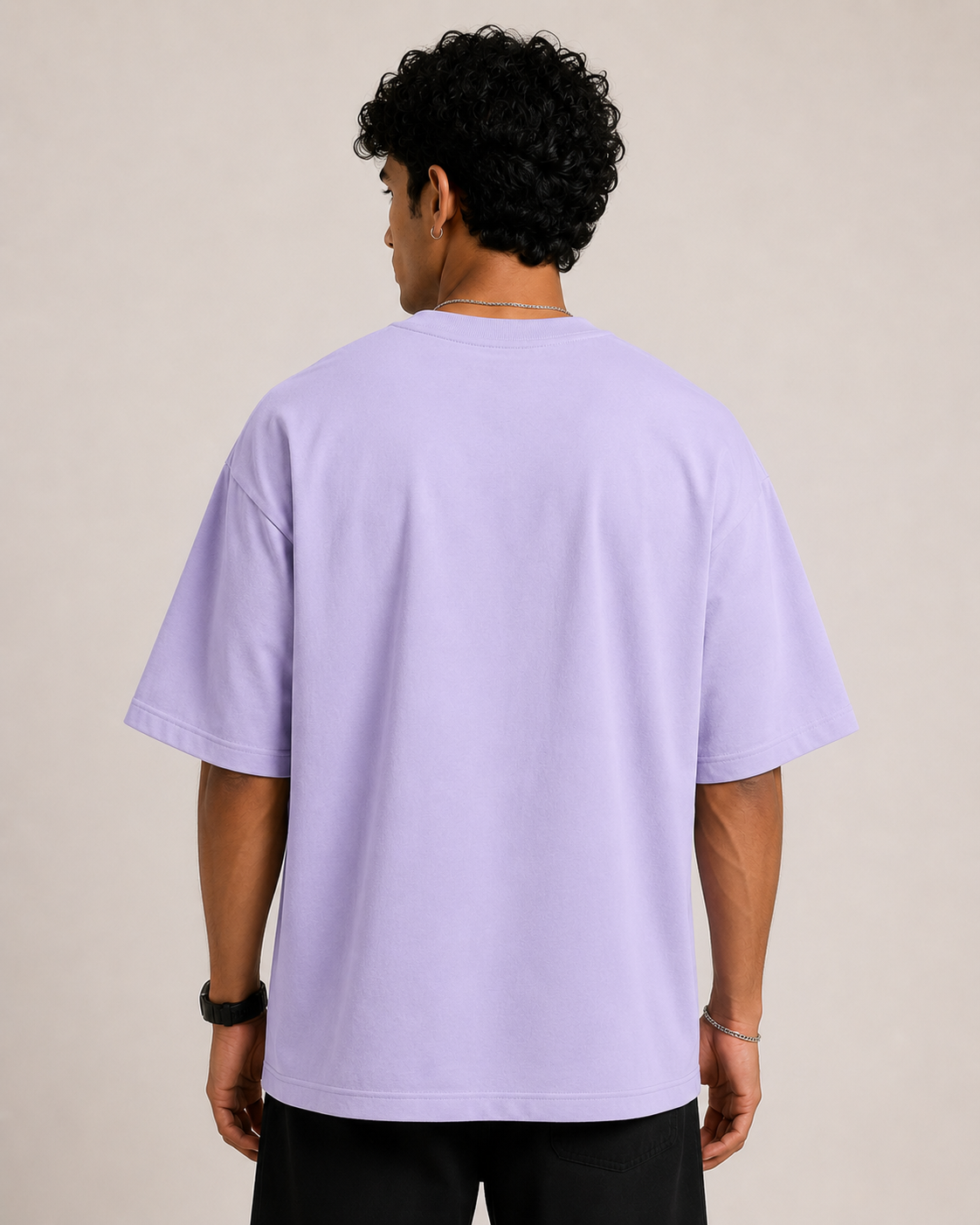 Lavender Drip Earth oversized t-shirt - rear model studio view with clean silhouette