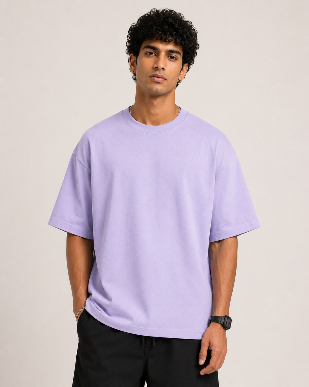 Lavender Drip Earth oversized t-shirt - front model studio view with premium fit