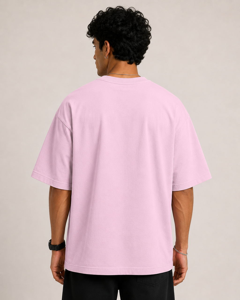 Light-Baby-Pink Drip Earth oversized t-shirt - rear model studio view with clean silhouette