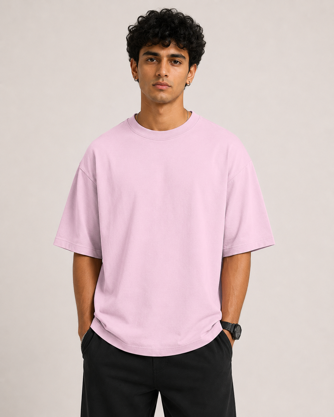 Light-Baby-Pink Drip Earth oversized t-shirt - front model studio view with premium fit