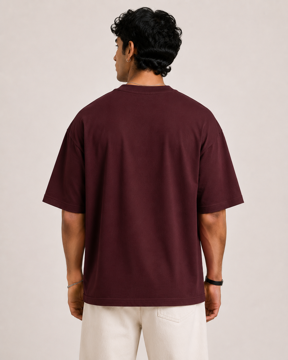 Maroon Drip Earth oversized t-shirt - rear model studio view with clean silhouette