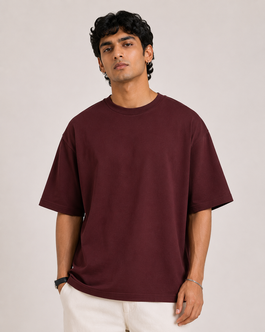 Maroon Drip Earth oversized t-shirt - front model studio view with premium fit