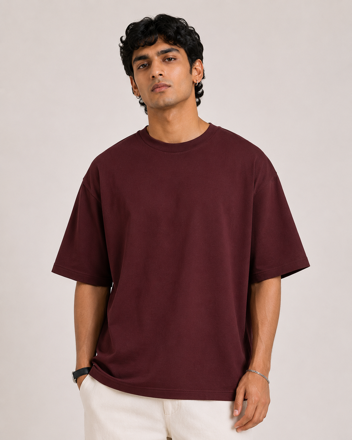 Maroon Drip Earth oversized t-shirt - front model studio view with premium fit