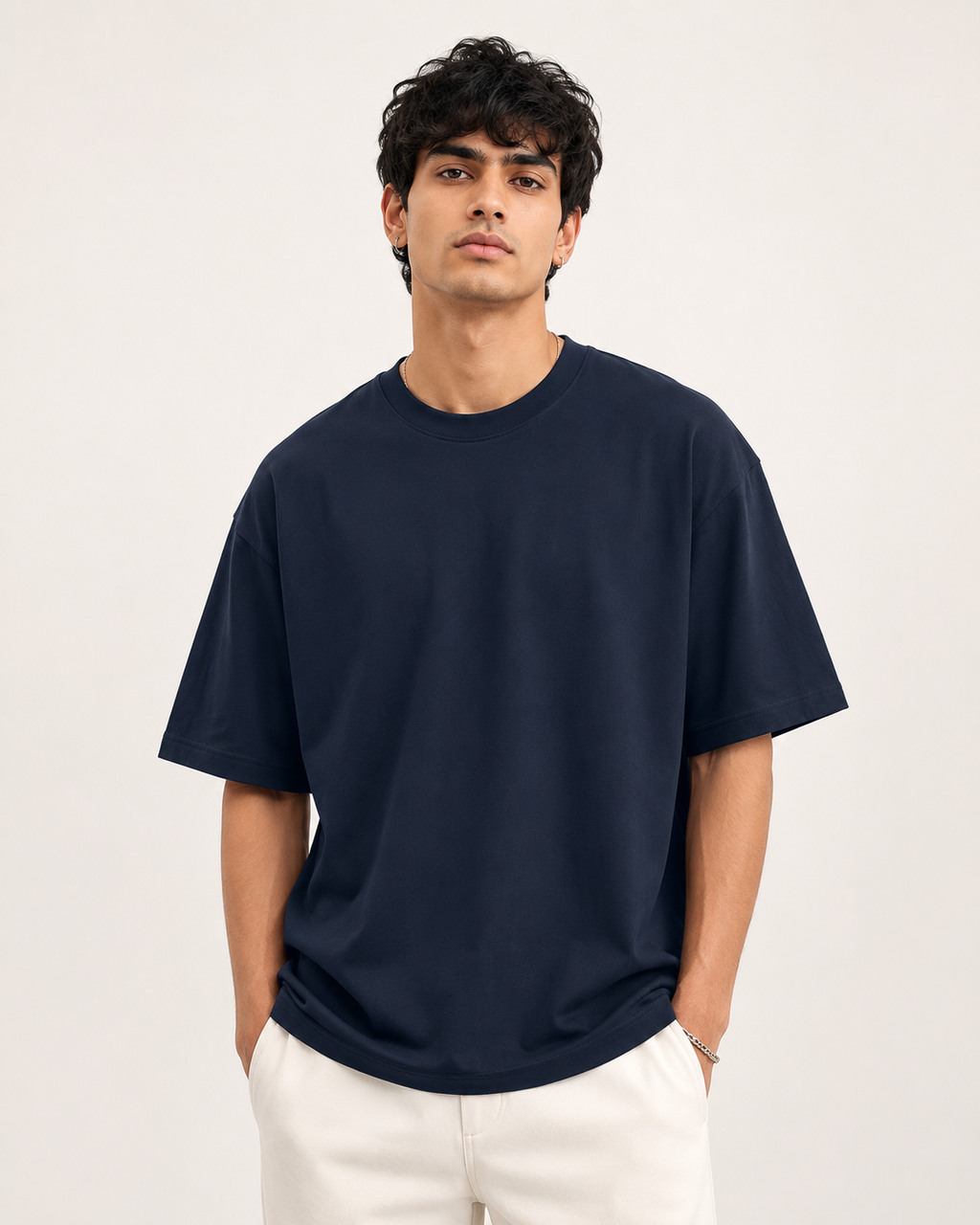 Navy-Blue Drip Earth oversized t-shirt - front model studio view with premium fit