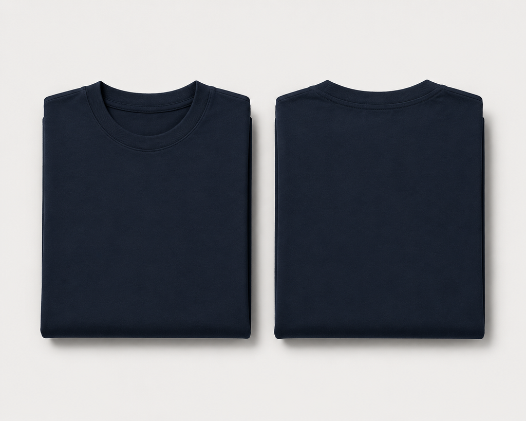 Navy-Blue Drip Earth oversized t-shirt with GROUNDSTATE silhouette - folded front and back view