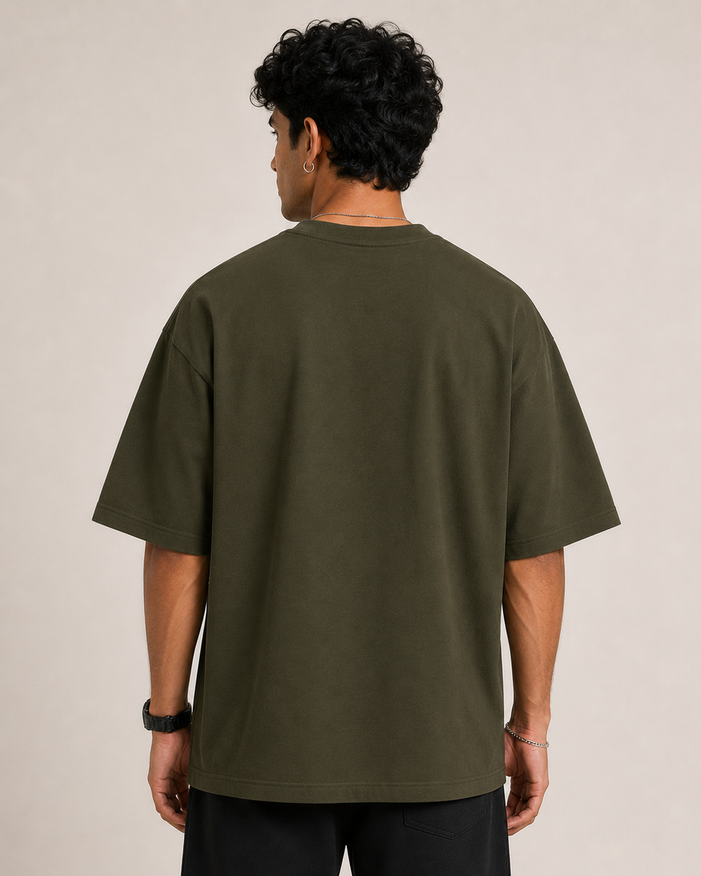 Olive-Green Drip Earth oversized t-shirt - rear model studio view with clean silhouette