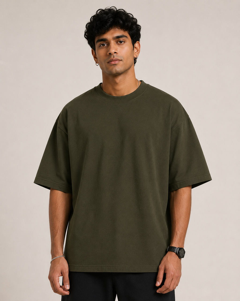Olive-Green Drip Earth oversized t-shirt - front model studio view with premium fit