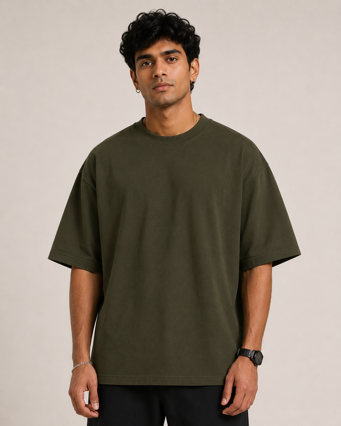 Olive-Green Drip Earth oversized t-shirt - front model studio view with premium fit