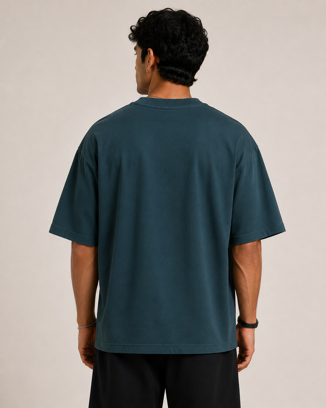 Petrol-Blue Drip Earth oversized t-shirt - rear model studio view with clean silhouette