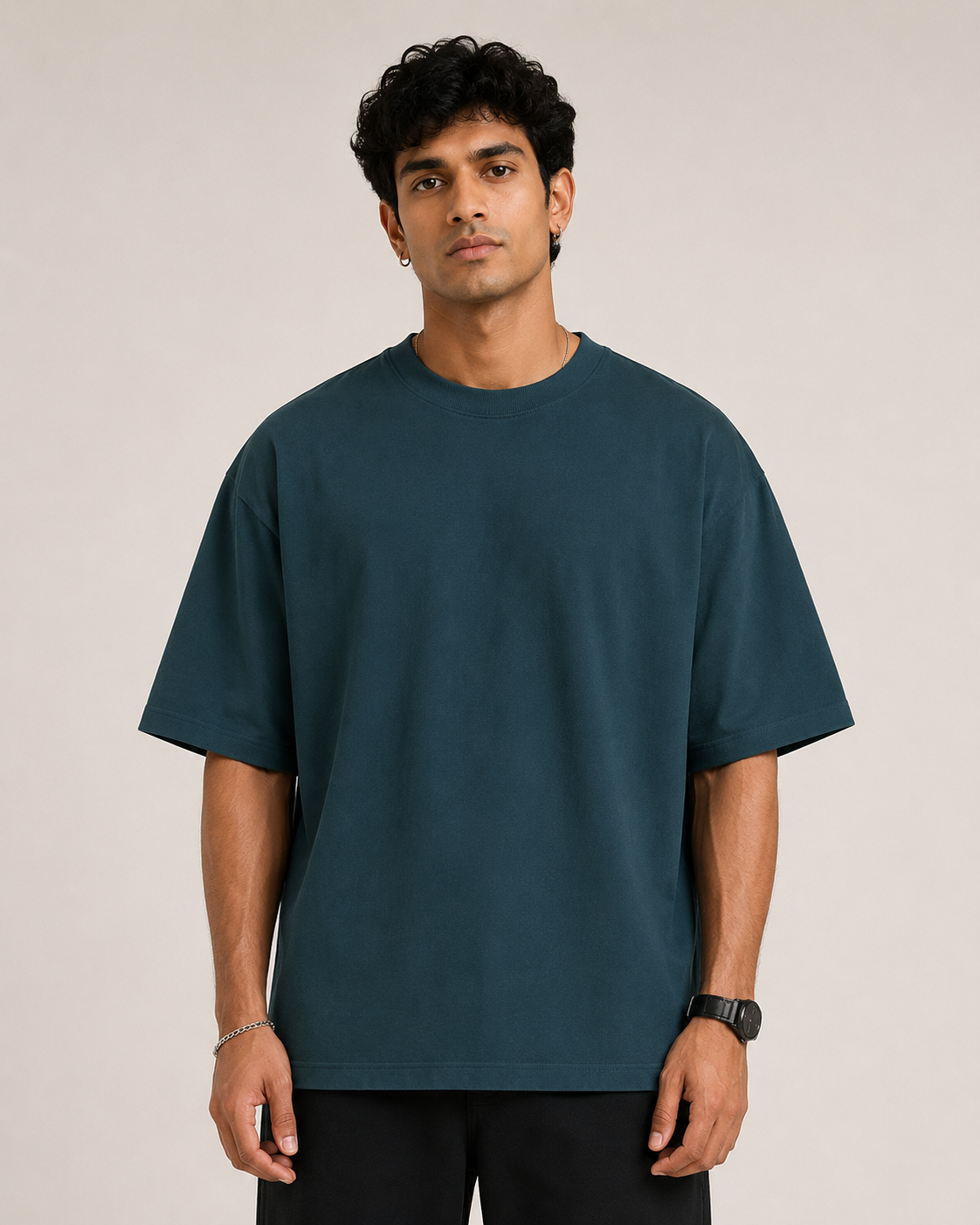 Petrol-Blue Drip Earth oversized t-shirt - front model studio view with premium fit