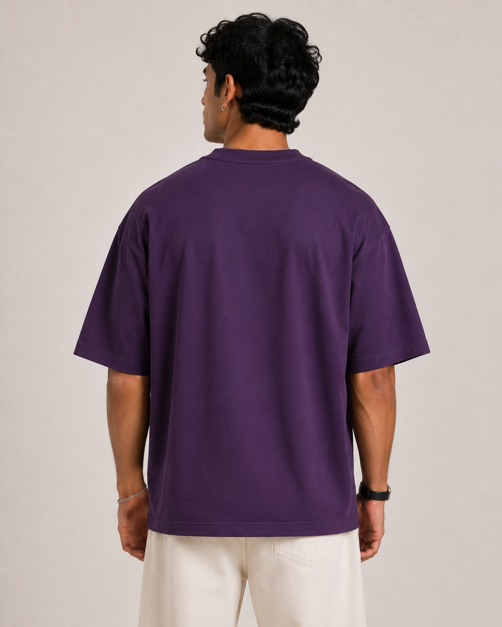 Purple Drip Earth oversized t-shirt - rear model studio view with clean silhouette