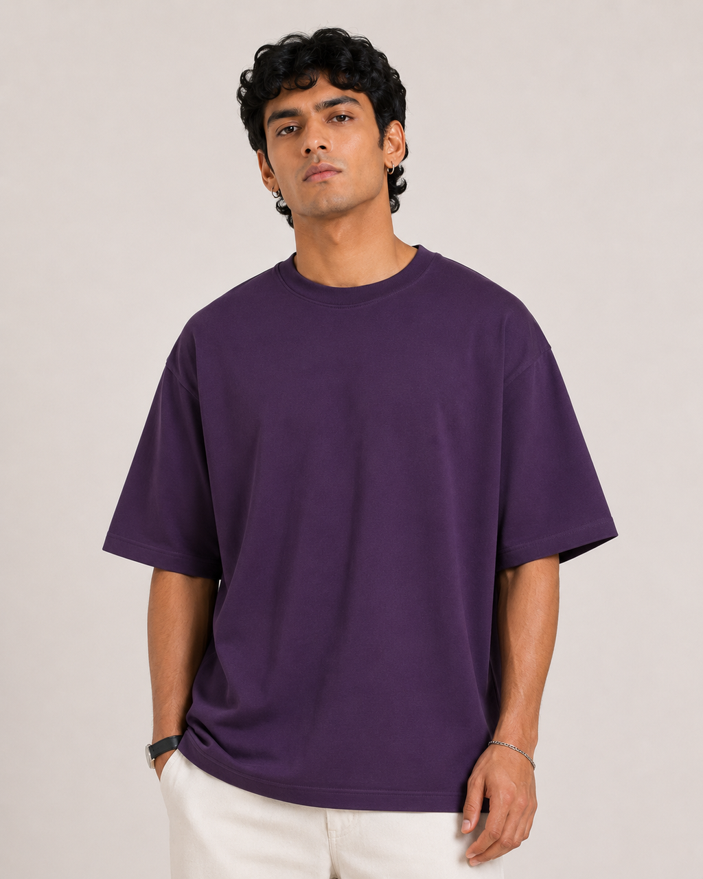 Purple Drip Earth oversized t-shirt - front model studio view with premium fit