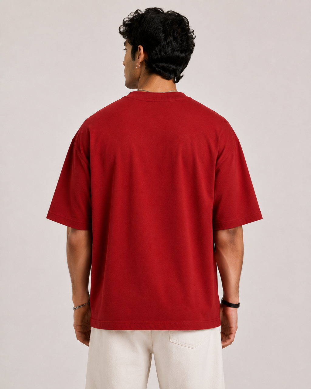 Red Drip Earth oversized t-shirt - rear model studio view with clean silhouette