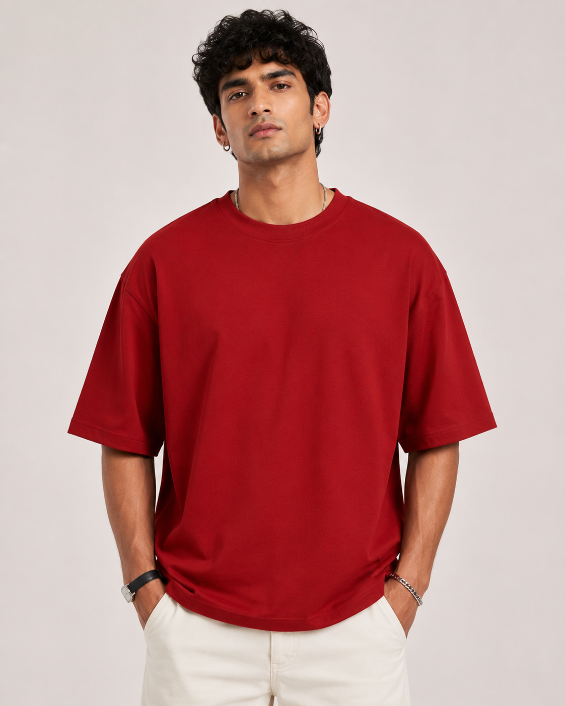 Red Drip Earth oversized t-shirt - front model studio view with premium fit
