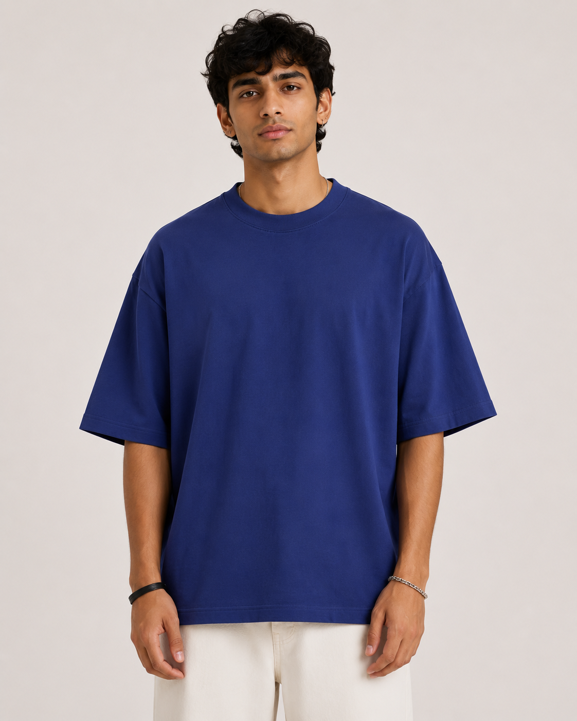 Royal-Blue Drip Earth oversized t-shirt - front model studio view with premium fit