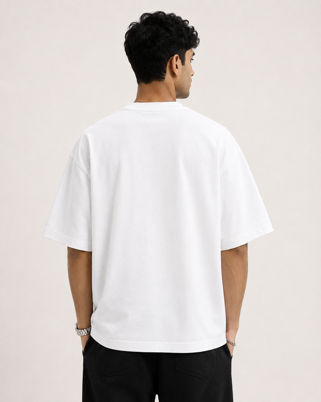 White Drip Earth oversized t-shirt - rear model studio view with clean silhouette