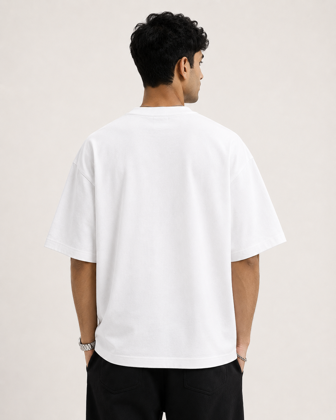 White Drip Earth oversized t-shirt - rear model studio view with clean silhouette