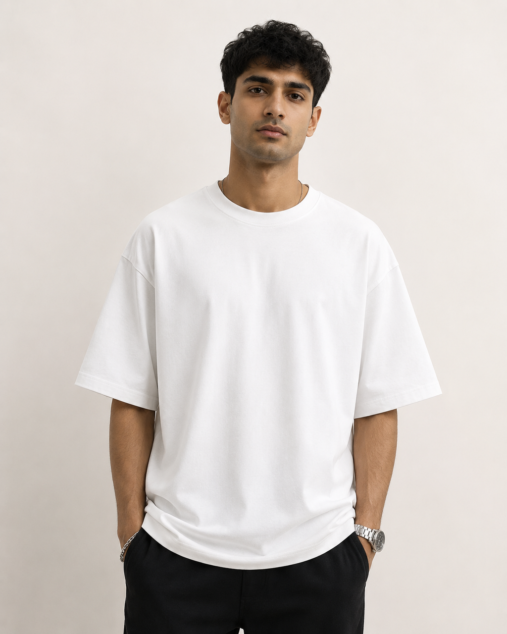 White Drip Earth oversized t-shirt - front model studio view with premium fit