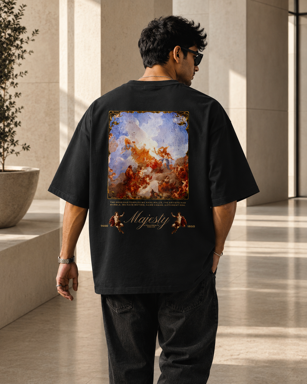 Black House of Majesty Oversized T-Shirt back view with Majesty artwork and classical Renaissance-inspired graphic design