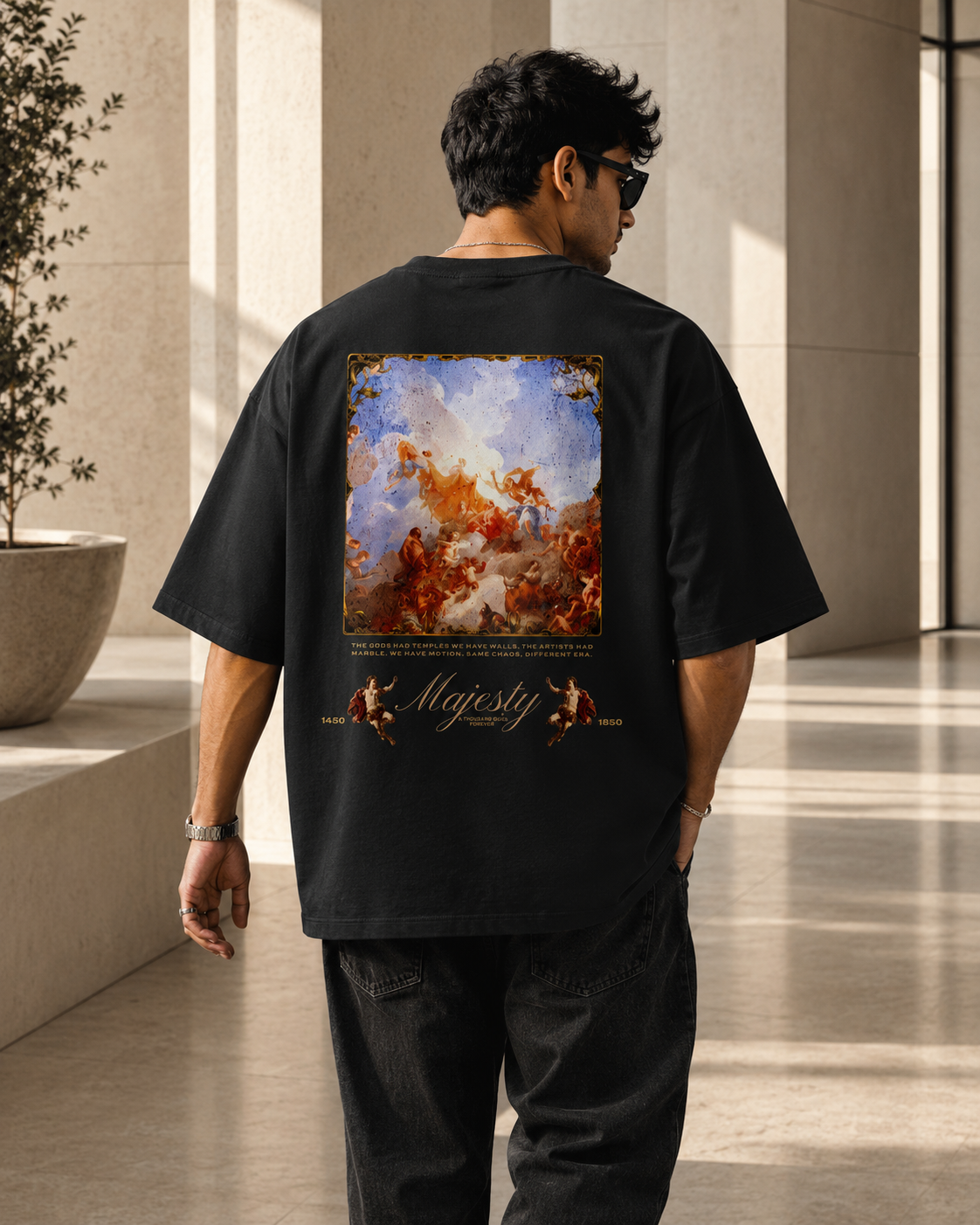 Black House of Majesty Oversized T-Shirt back view with Majesty artwork and classical Renaissance-inspired graphic design