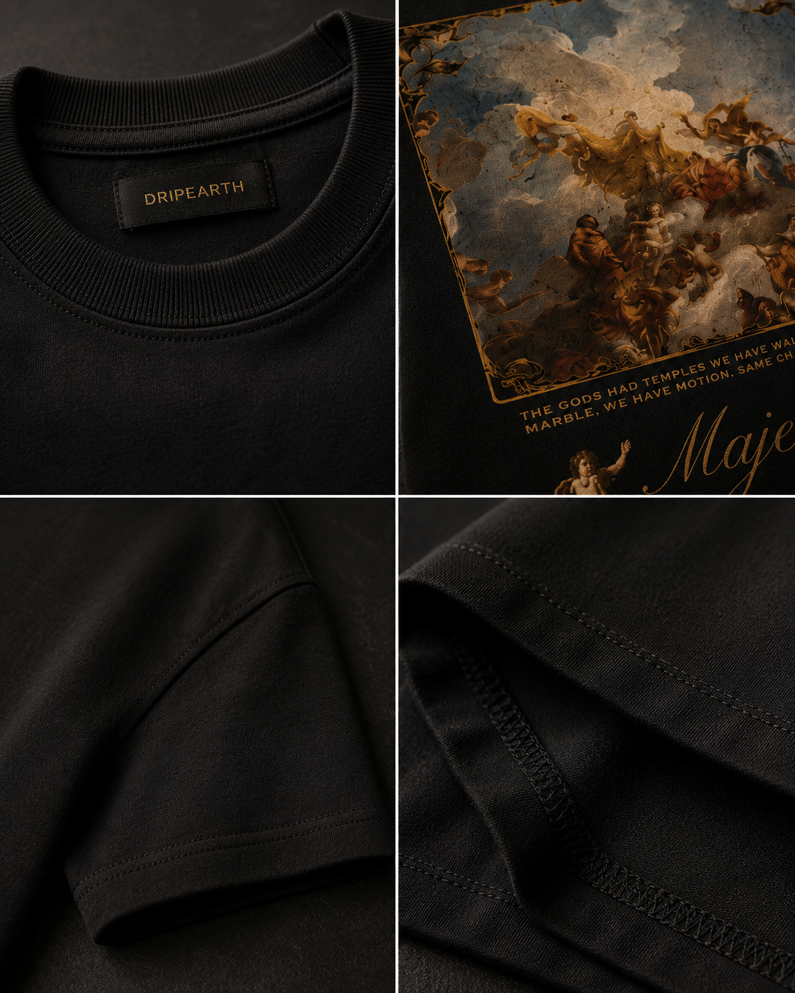 Black Drip Earth oversized heavyweight t-shirt detail collage showing collar, print and fabric close-ups